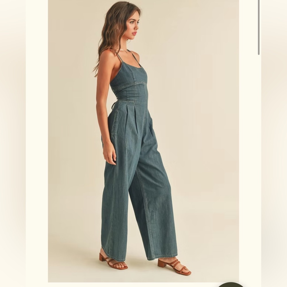 Backless Washed Denim Jumpsuit in Blue - Picture 2 of 6